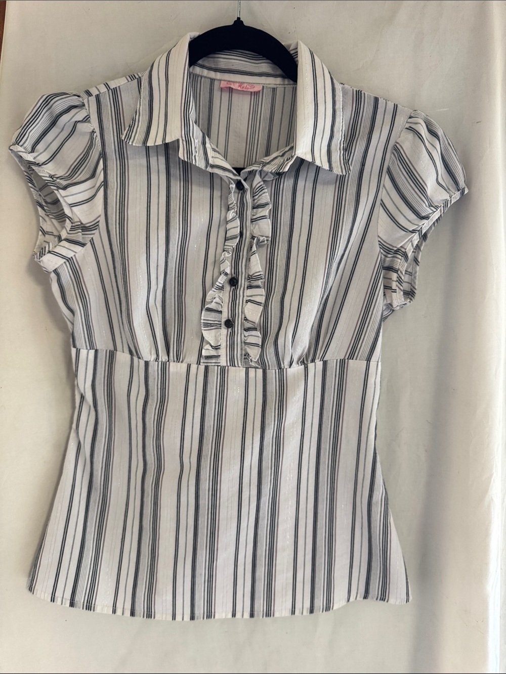 Striped Ruffle-Front Collared Blouse - White and Black